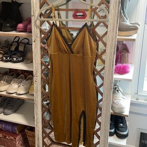 Mustard yellow velvet dress trimmed in lace